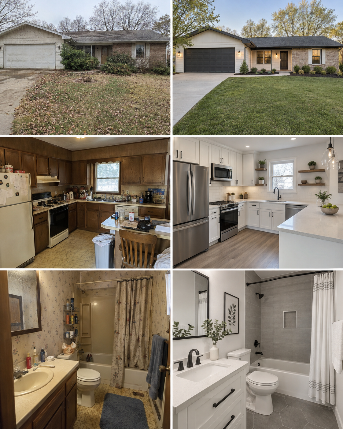 Illustrative renovation collage showing three before-and-after comparisons