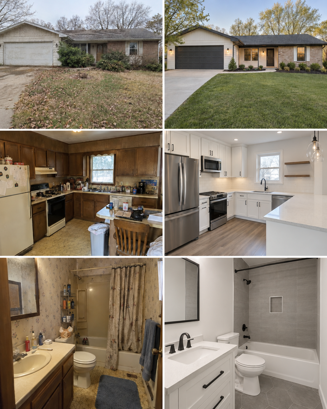 Illustrative renovation collage showing three before-and-after comparisons
