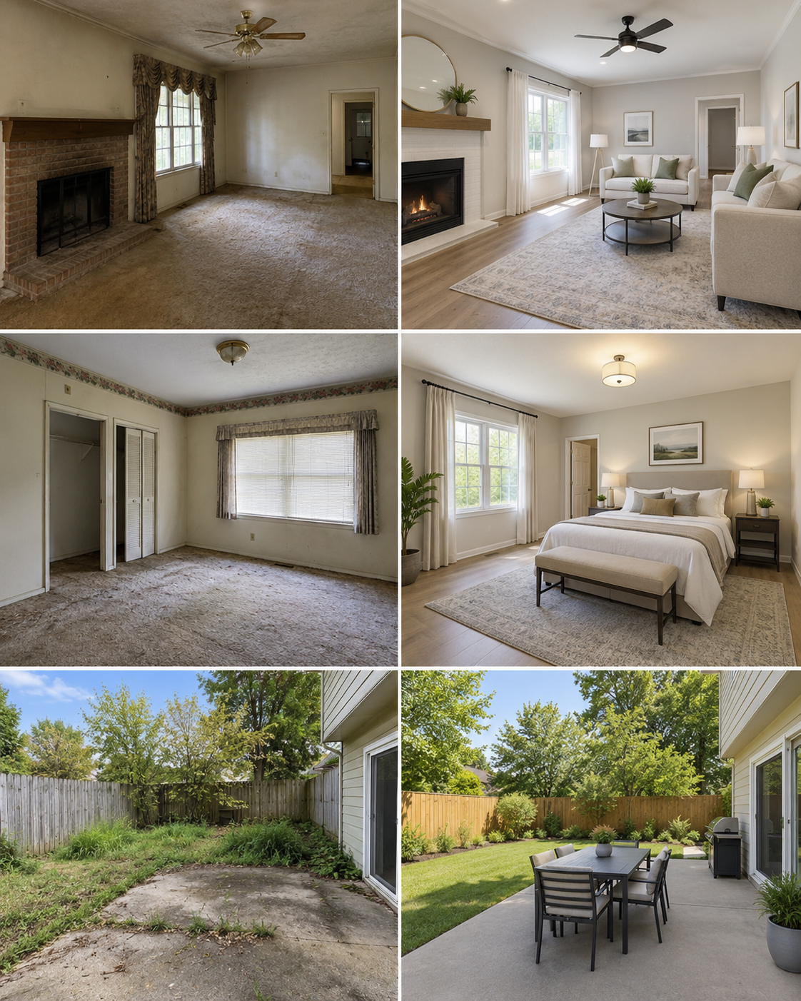 Illustrative renovation collage showing three before-and-after comparisons