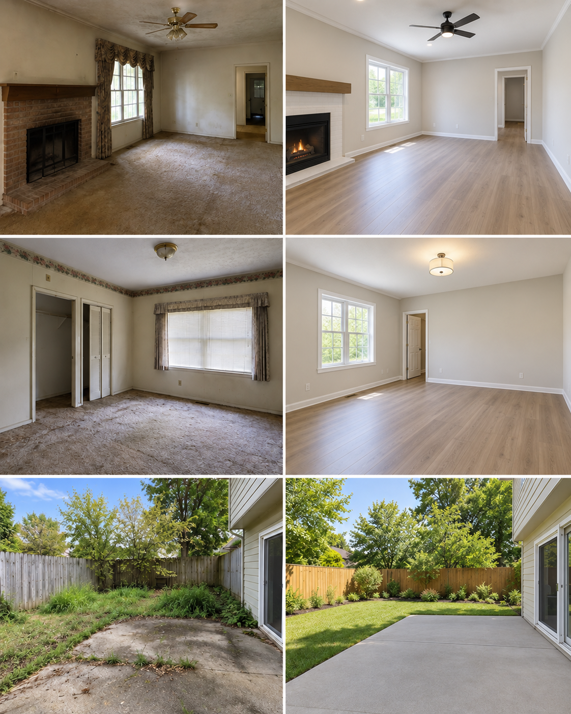 Illustrative renovation collage showing three before-and-after comparisons