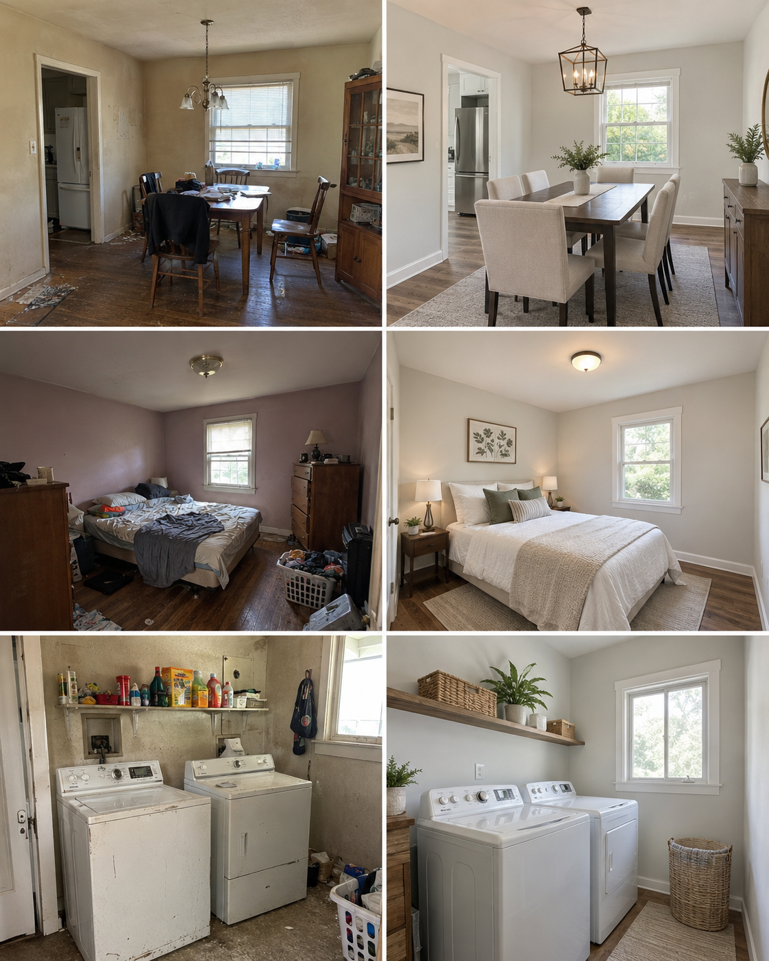 Illustrative renovation collage showing three before-and-after comparisons