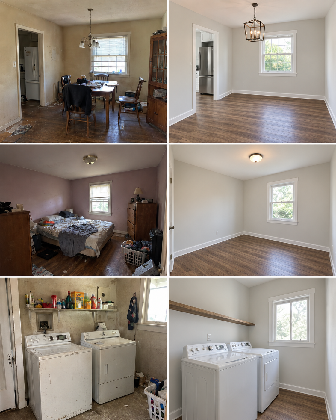 Illustrative renovation collage showing three before-and-after comparisons