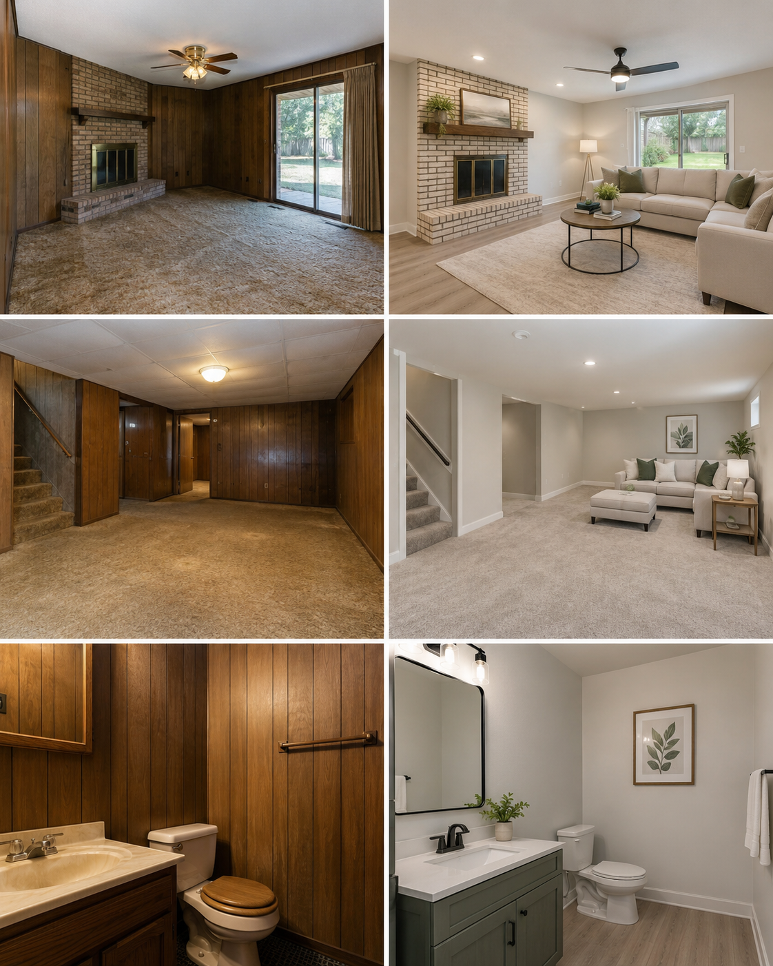 Illustrative renovation collage showing three before-and-after comparisons