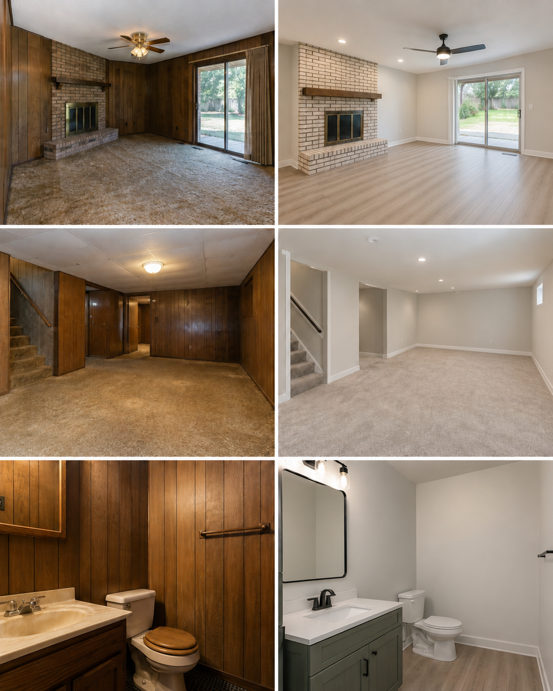 Illustrative renovation collage showing three before-and-after comparisons