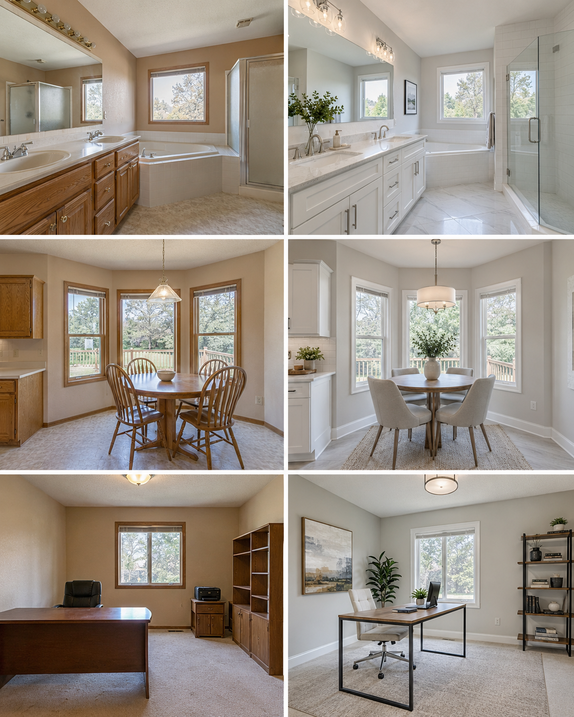 Illustrative renovation collage showing three before-and-after comparisons