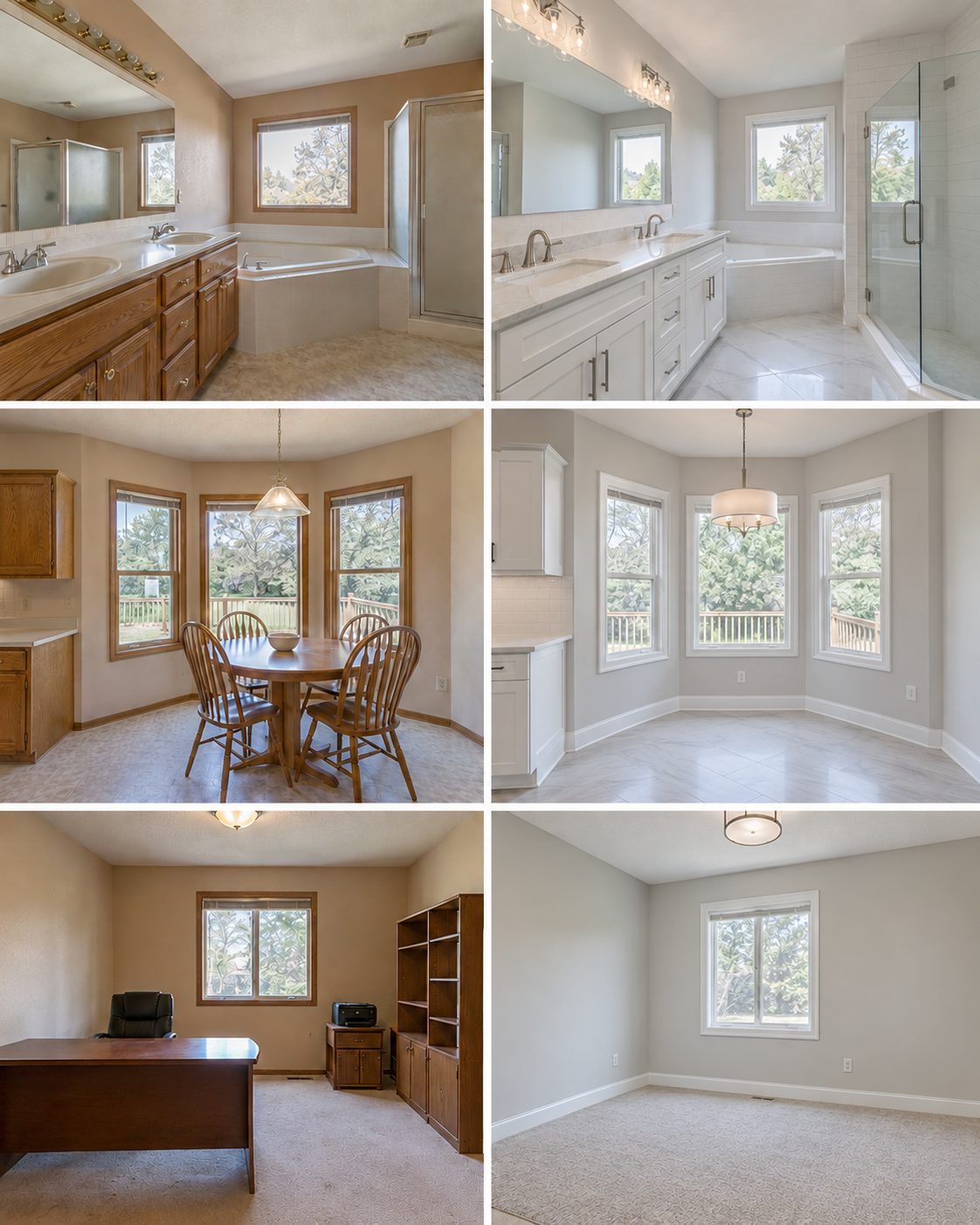 Illustrative renovation collage showing three before-and-after comparisons