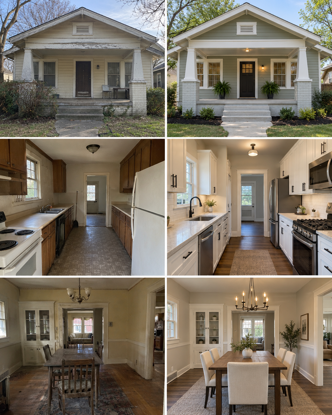 Illustrative renovation collage showing three before-and-after comparisons