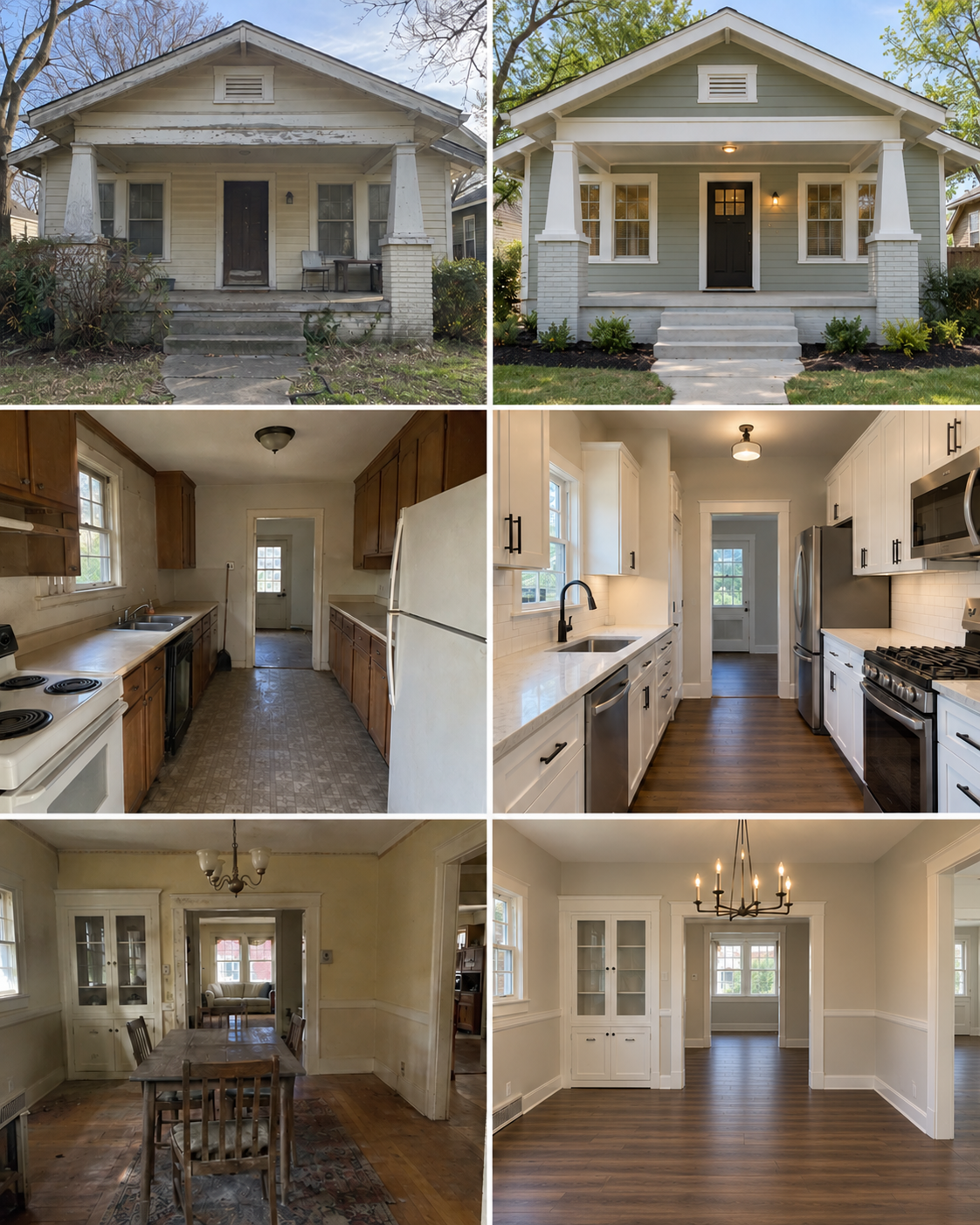 Illustrative renovation collage showing three before-and-after comparisons