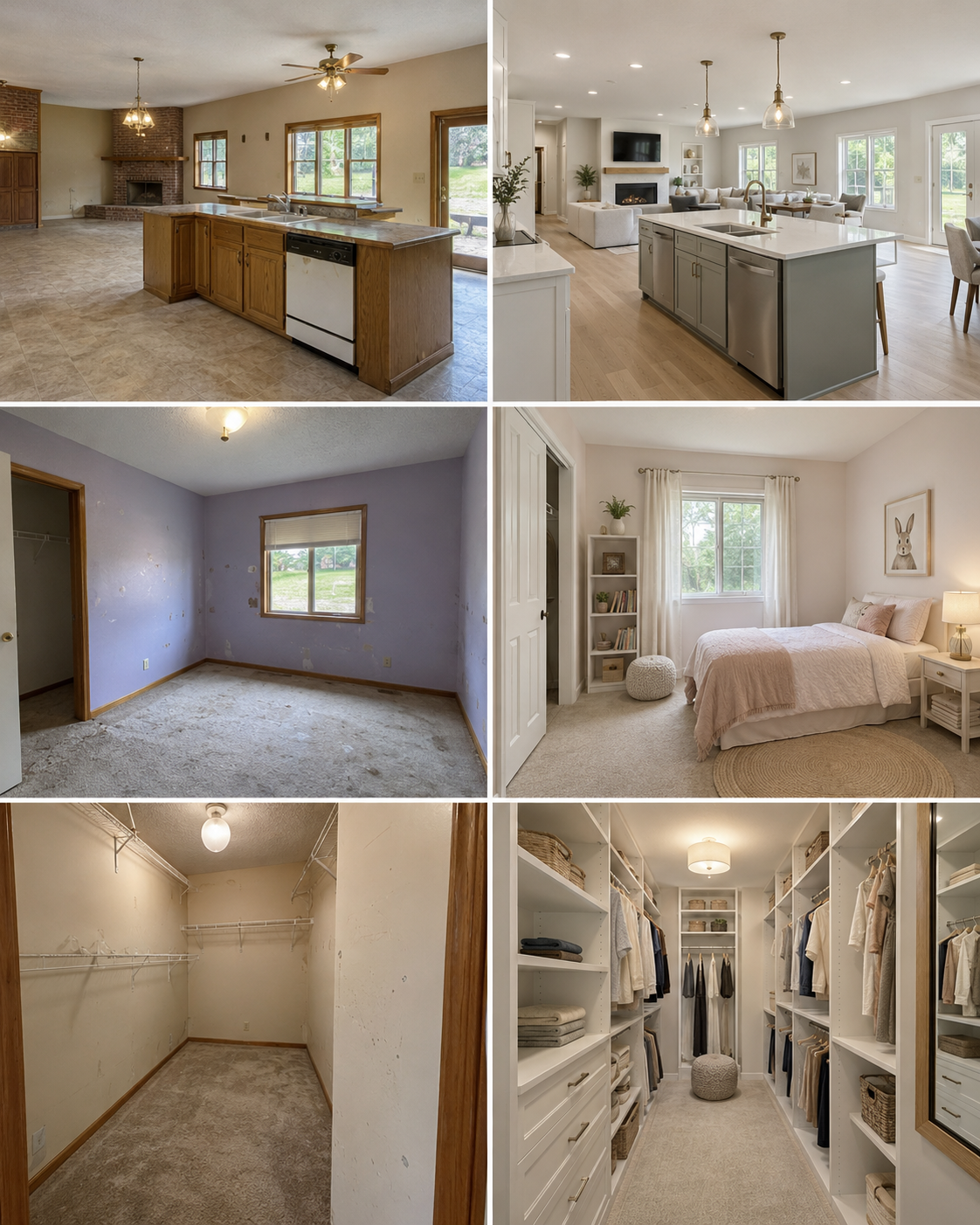 Illustrative renovation collage showing three before-and-after comparisons