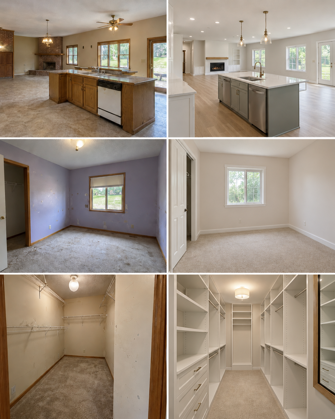 Illustrative renovation collage showing three before-and-after comparisons
