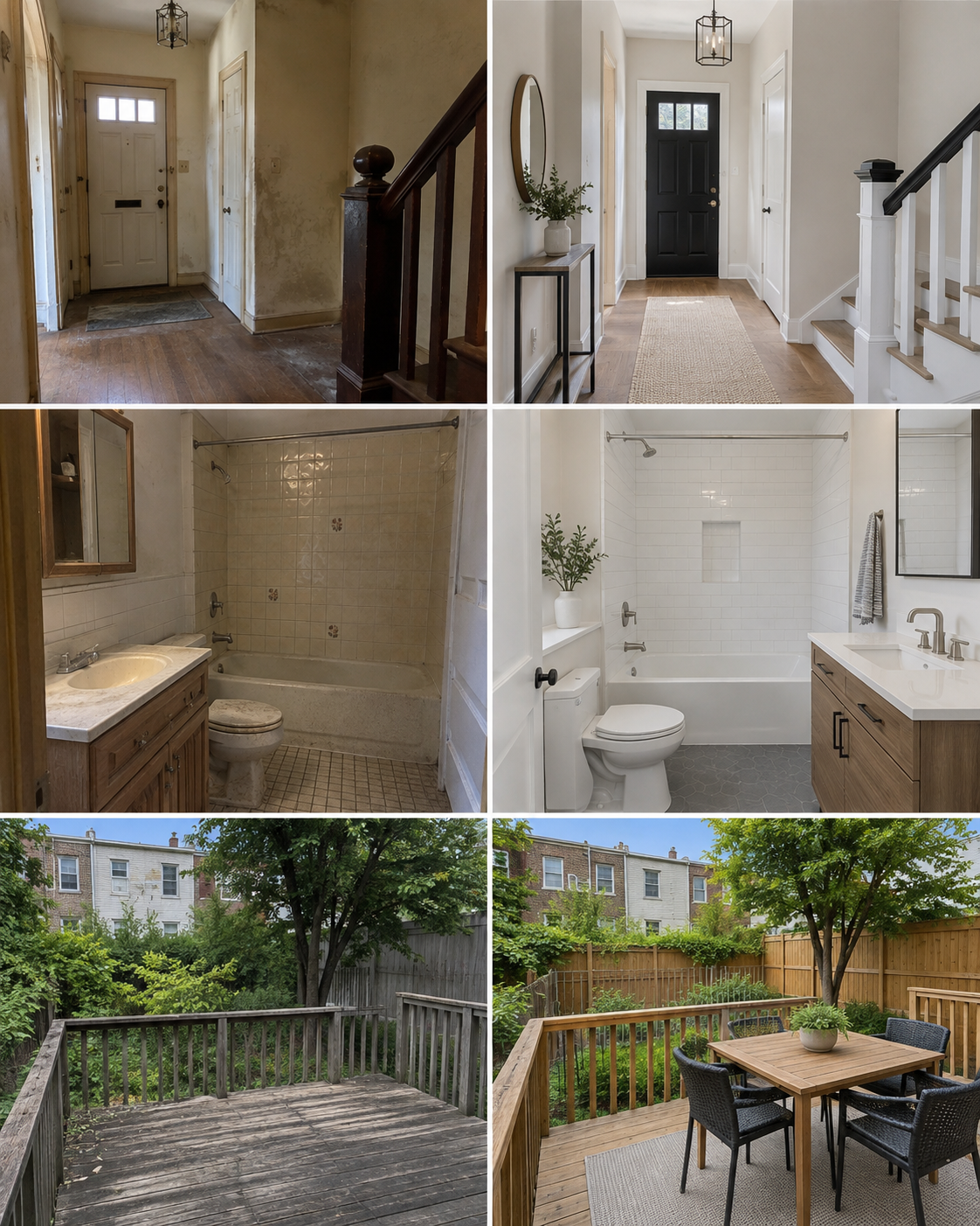Illustrative renovation collage showing three before-and-after comparisons