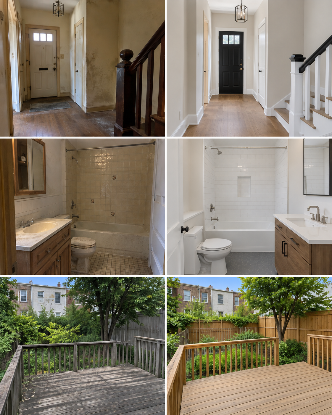 Illustrative renovation collage showing three before-and-after comparisons