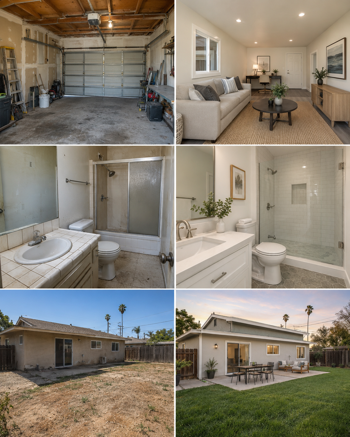 Illustrative renovation collage showing three before-and-after comparisons