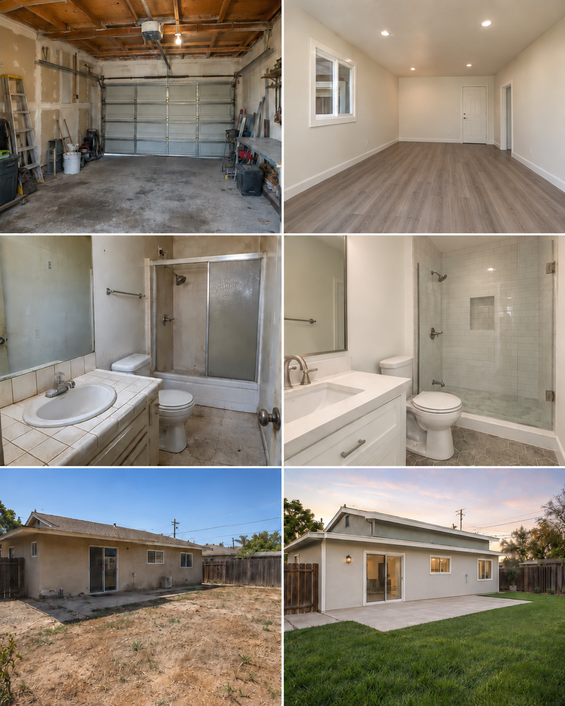 Illustrative renovation collage showing three before-and-after comparisons