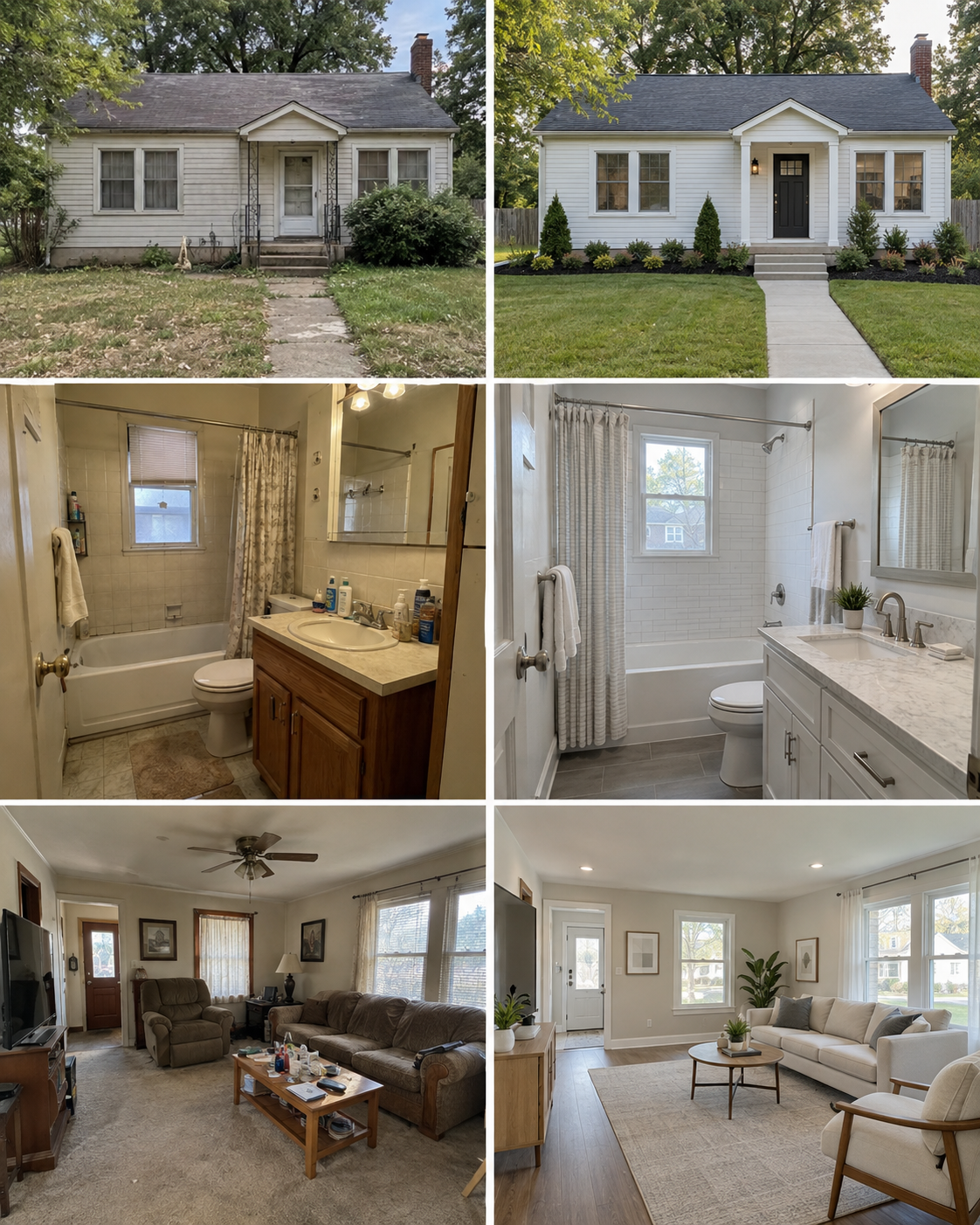 Illustrative renovation collage showing three before-and-after comparisons