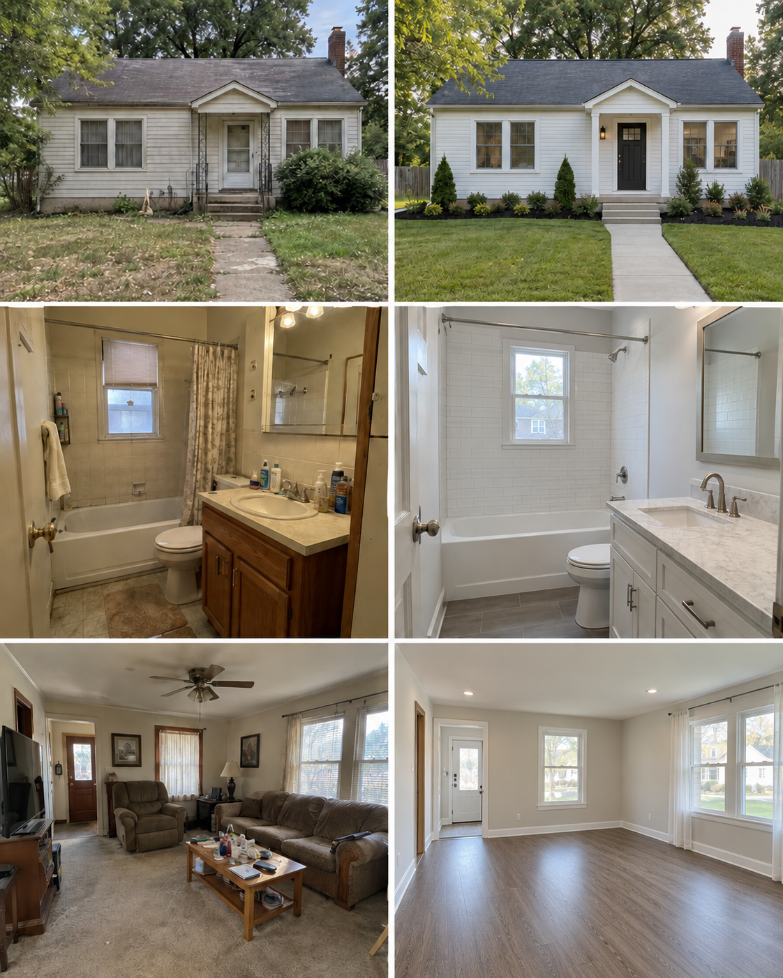 Illustrative renovation collage showing three before-and-after comparisons